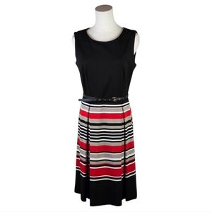 Calvin Klein Black Red Striped Fit & Flare Dress 6 Belted Sleeveless Work